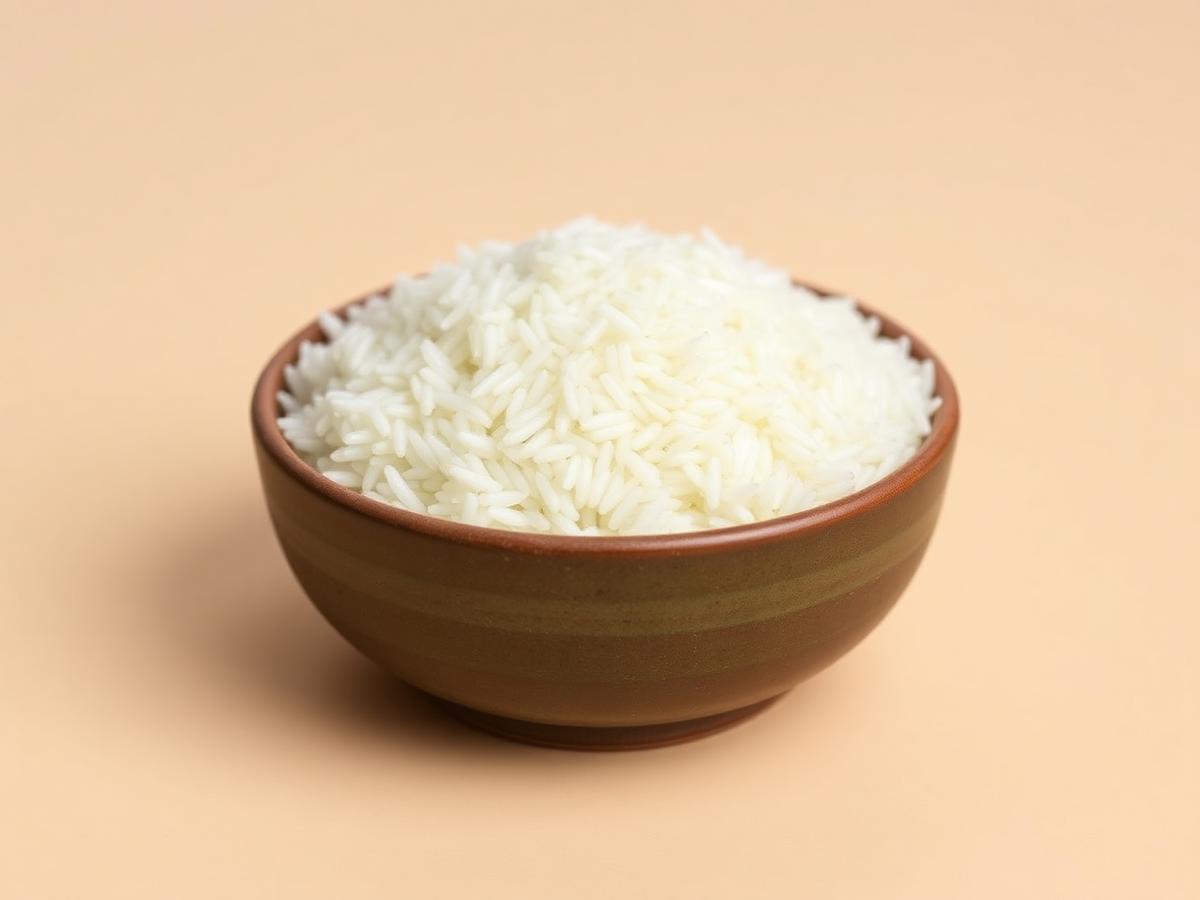 Indian non-Basmati white rice in a rustic ceramic bowl