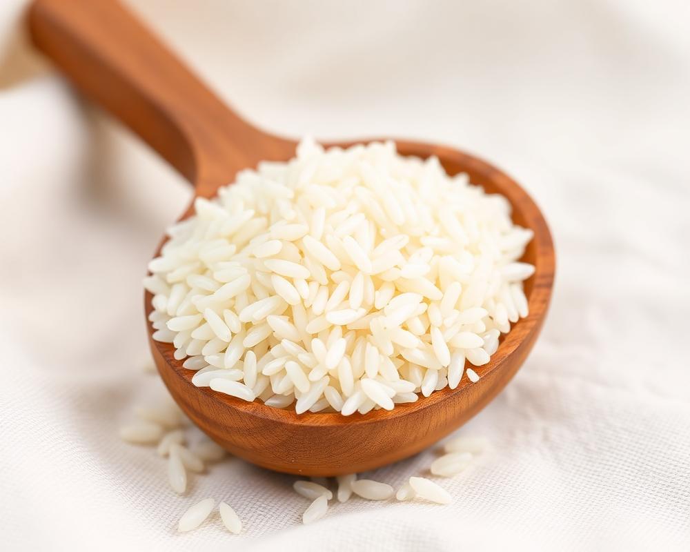 1509 Indian Basmati rice grains in a wooden scoop