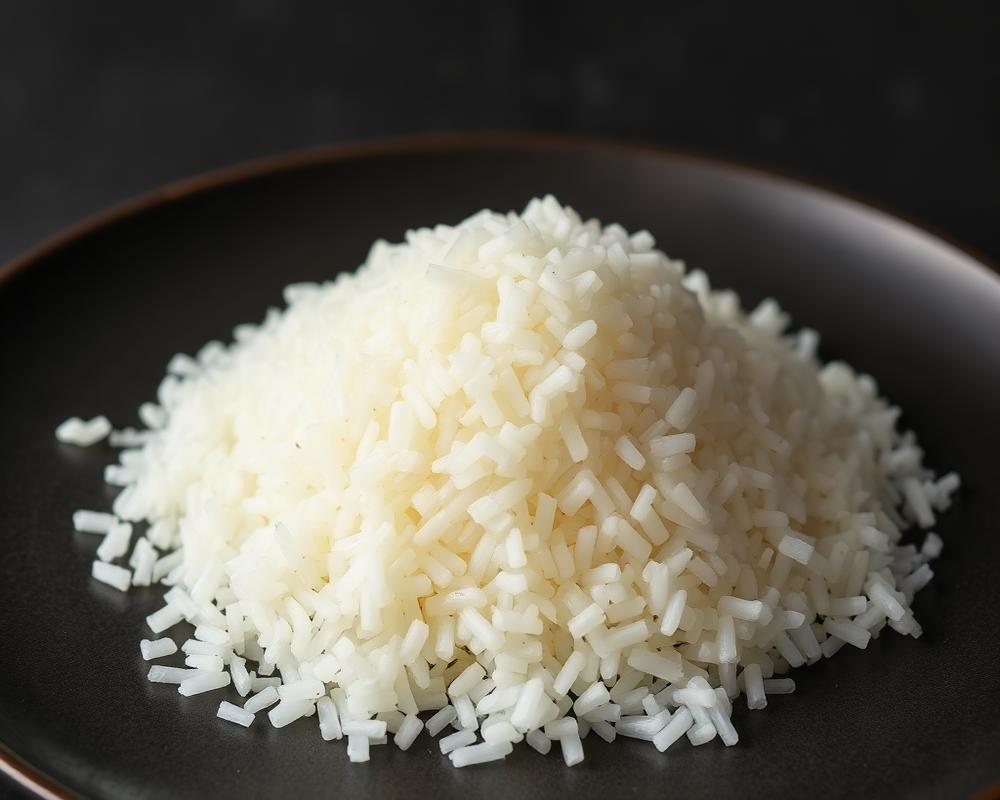 Sharbati Indian rice grains on a dark plate